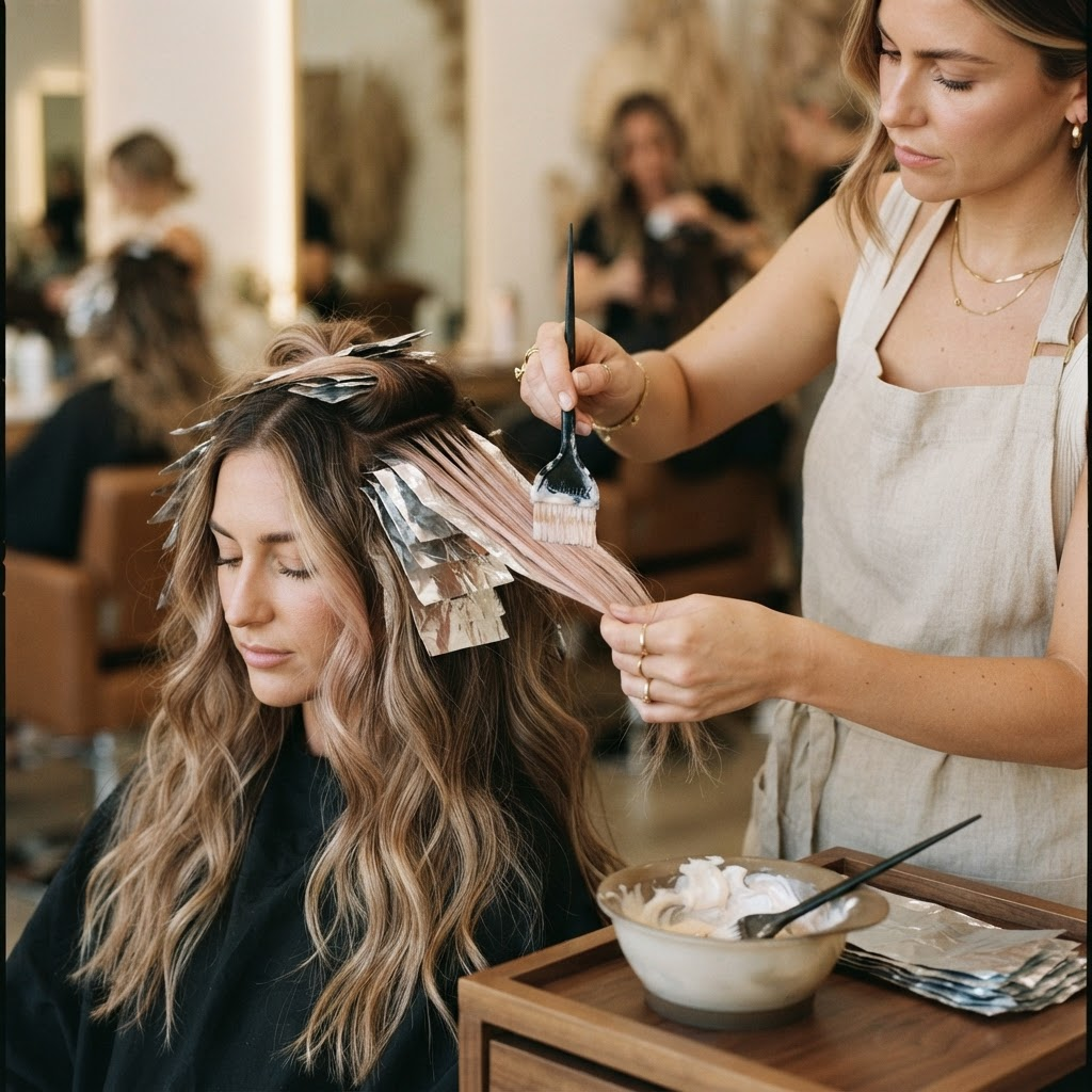 Stylistin trägt Balayage-Farbe auf langes Haar auf